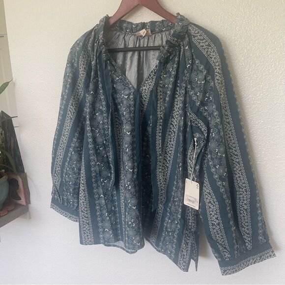 a.n.a Large Women's Blue and White Bohemian Blouse Long Sleeve 100% Cotton - Picture 3 of 6